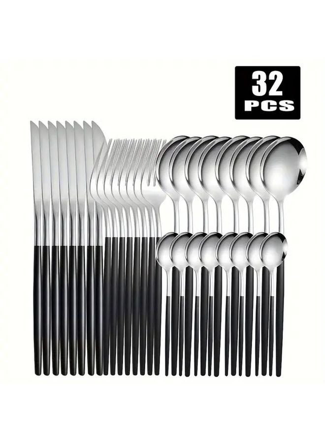 32 Piece Stainless Steel Cutlery Set Mirror Polished Dishwasher Safe Silver Black - Image 1